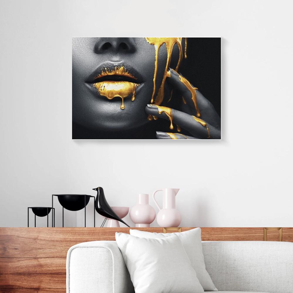 golden lips black women canvas prints wall art decor 8516