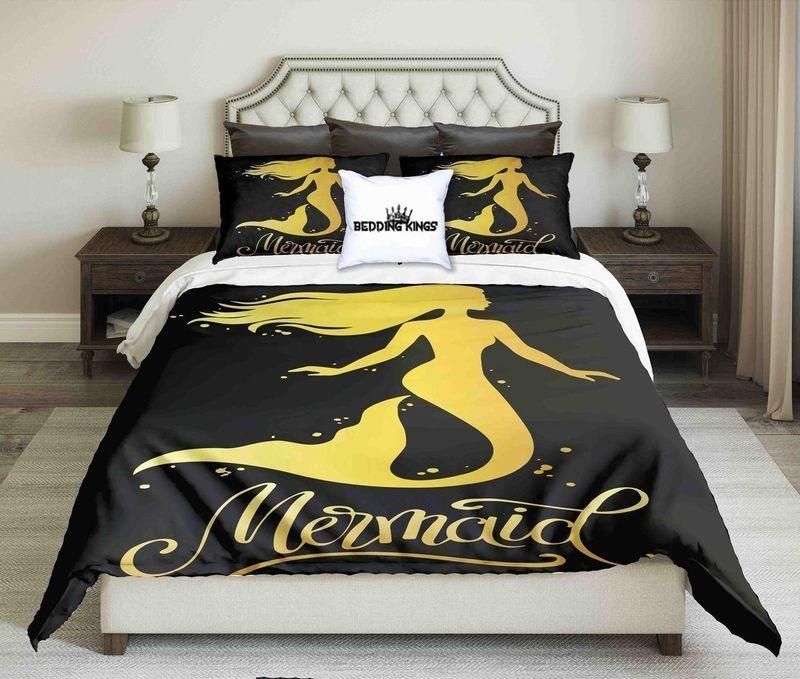 Golden Mermaid On Black Background Bedding Set Bedroom Decor golden mermaid on black background bedding set bedroom decor 1288