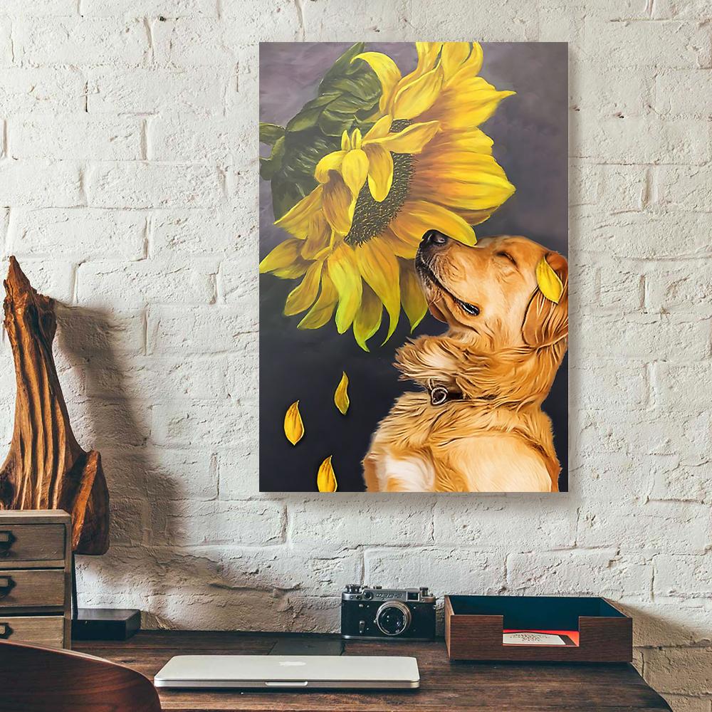 golden retriever with sunflower canvas prints wall art decor 4374