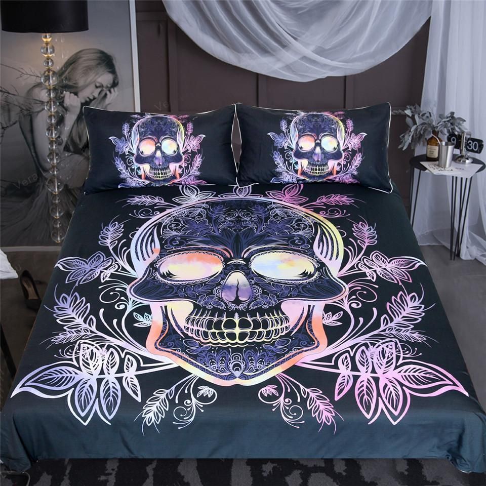 gothic skull leaves paisley pink purple printed bedding set bedroom decor 1178