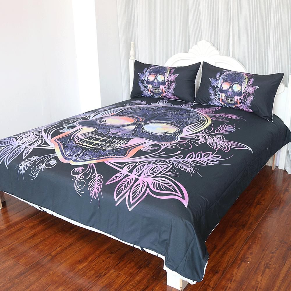 gothic skull leaves paisley pink purple printed bedding set bedroom decor 5902