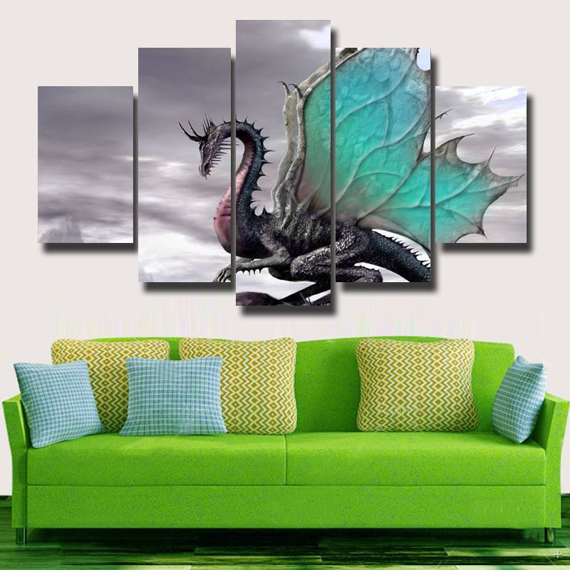 gray dragon abstract animal 5 panel canvas art wall decor 1006