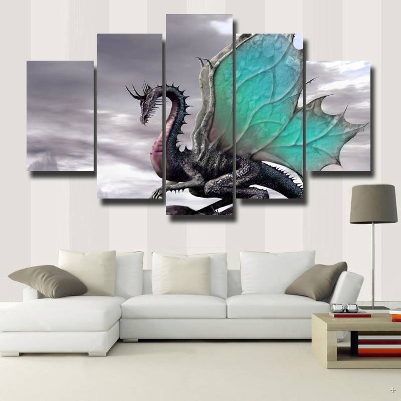 gray dragon abstract animal 5 panel canvas art wall decor 4805