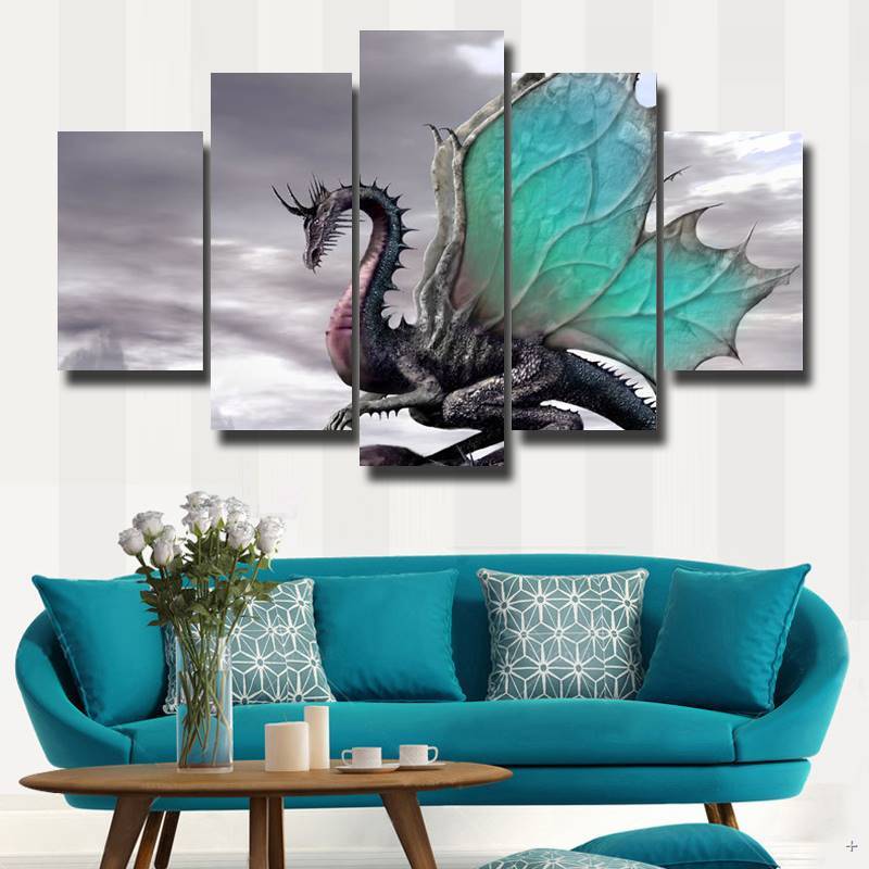 gray dragon abstract animal 5 panel canvas art wall decor 4924