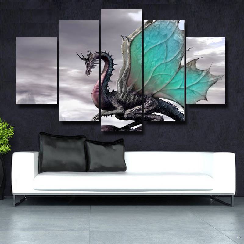 gray dragon abstract animal 5 panel canvas art wall decor 7089