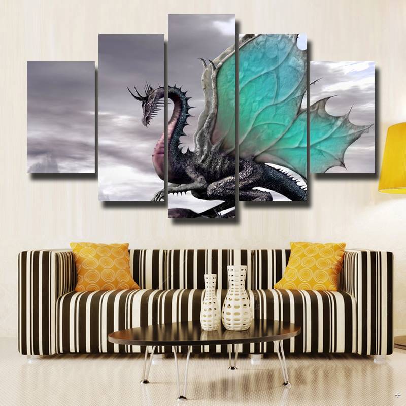 gray dragon abstract animal 5 panel canvas art wall decor 7319