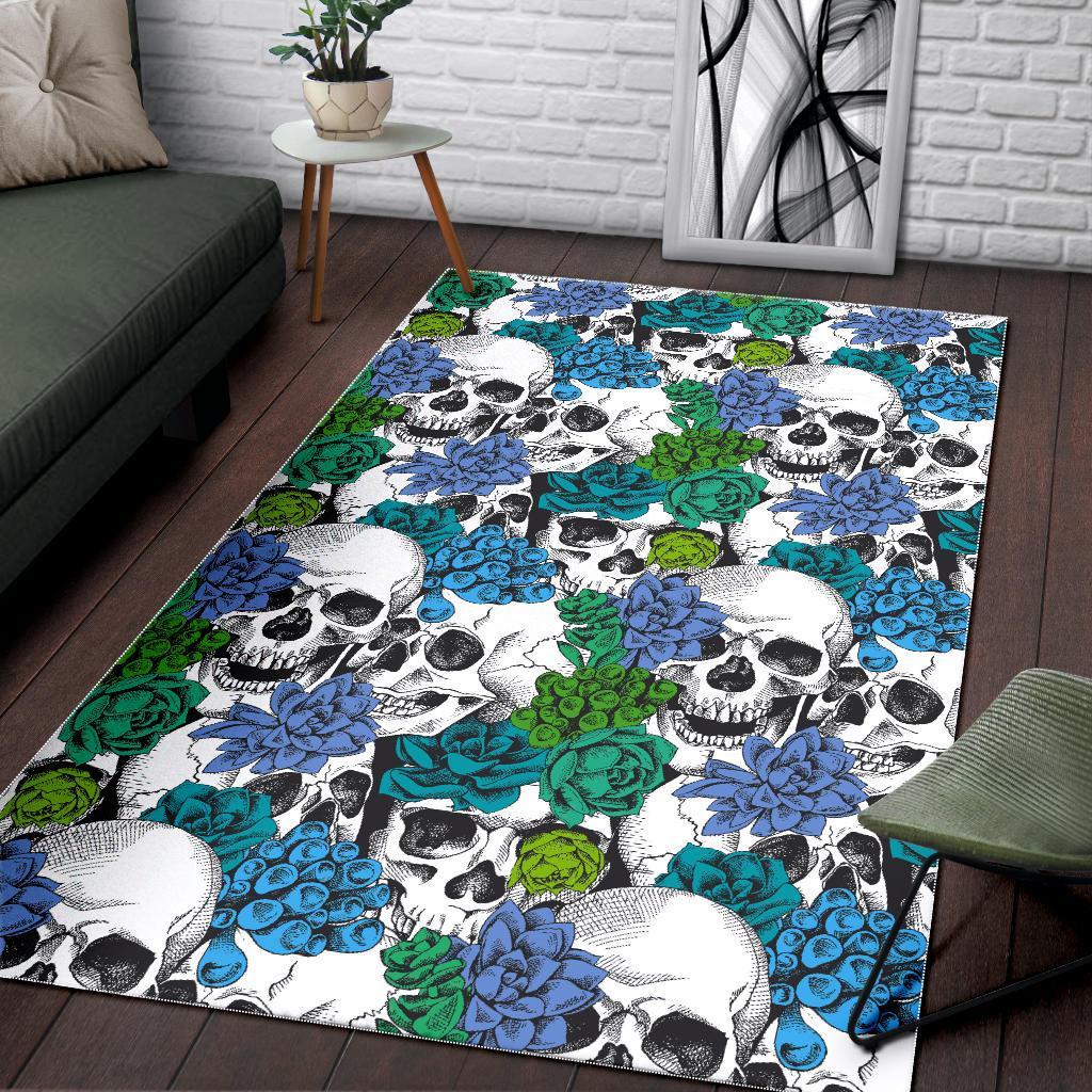 green blue flowers skull pattern print area rug floor decor 5535
