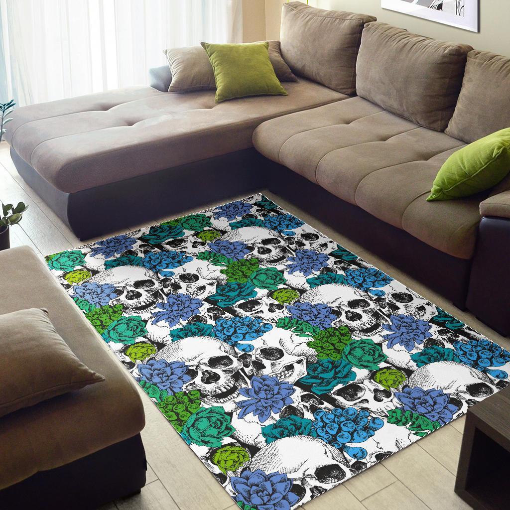 green blue flowers skull pattern print area rug floor decor 6462