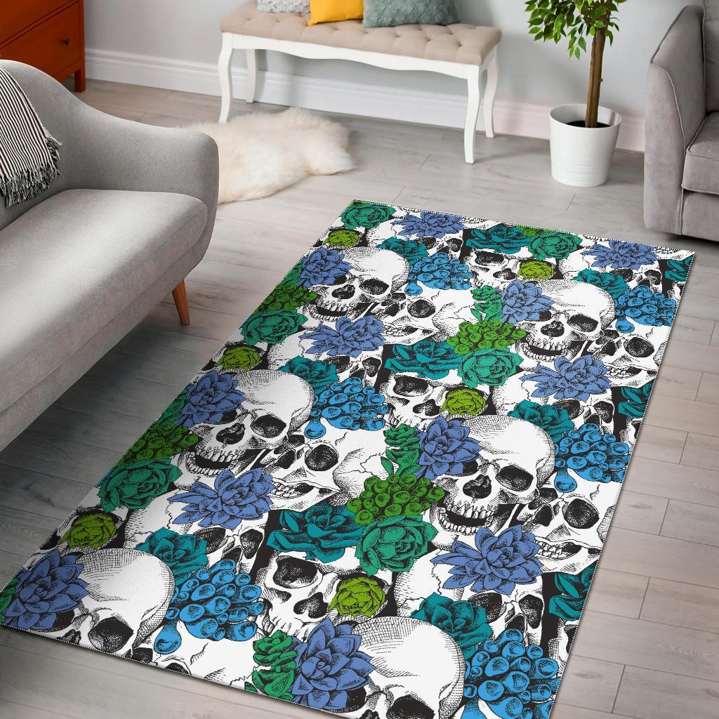 green blue flowers skull pattern print area rug floor decor 6873