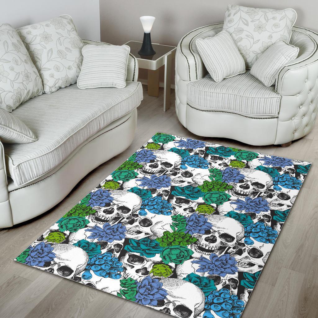 green blue flowers skull pattern print area rug floor decor 8195