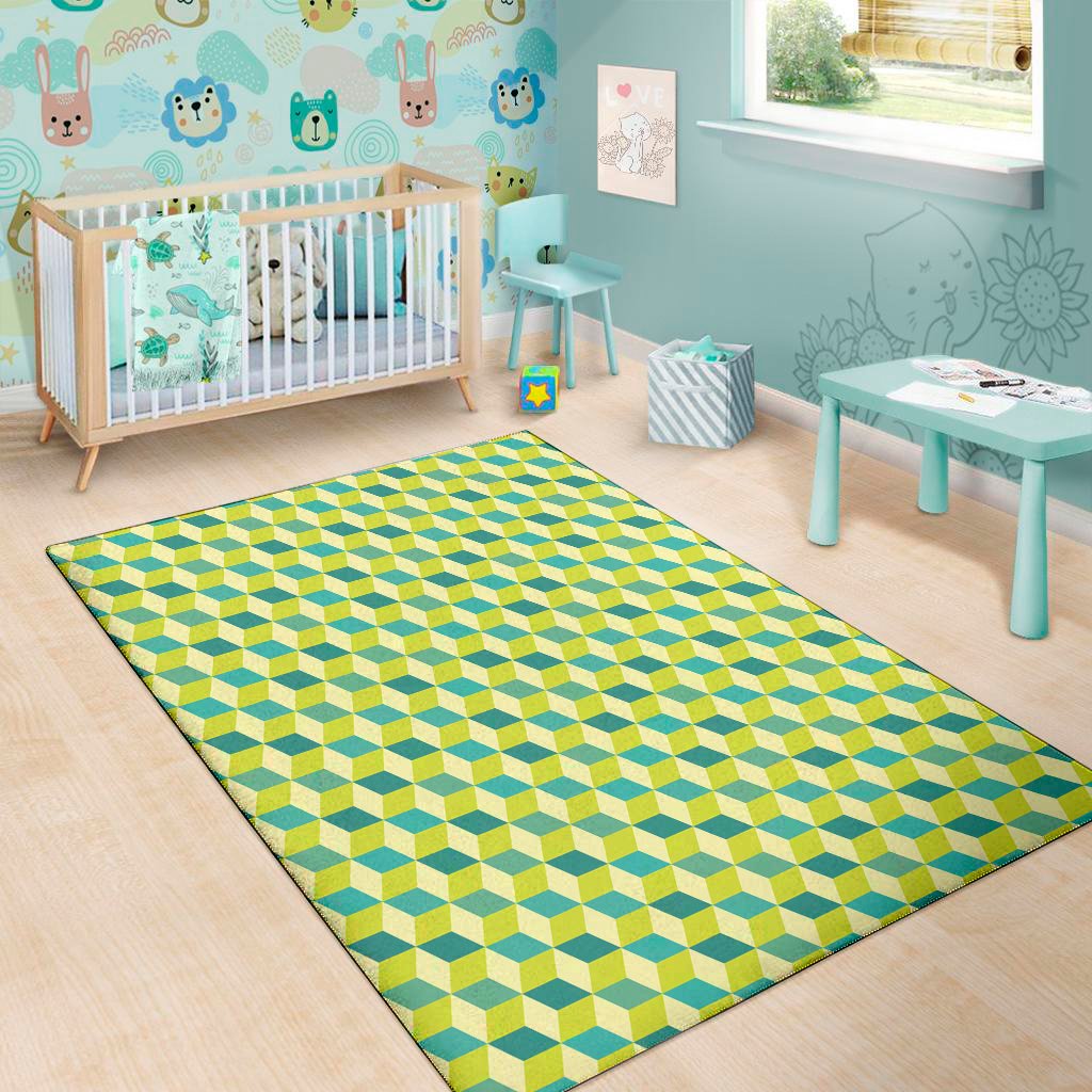 green geometric cube shape pattern print area rug floor decor 4044
