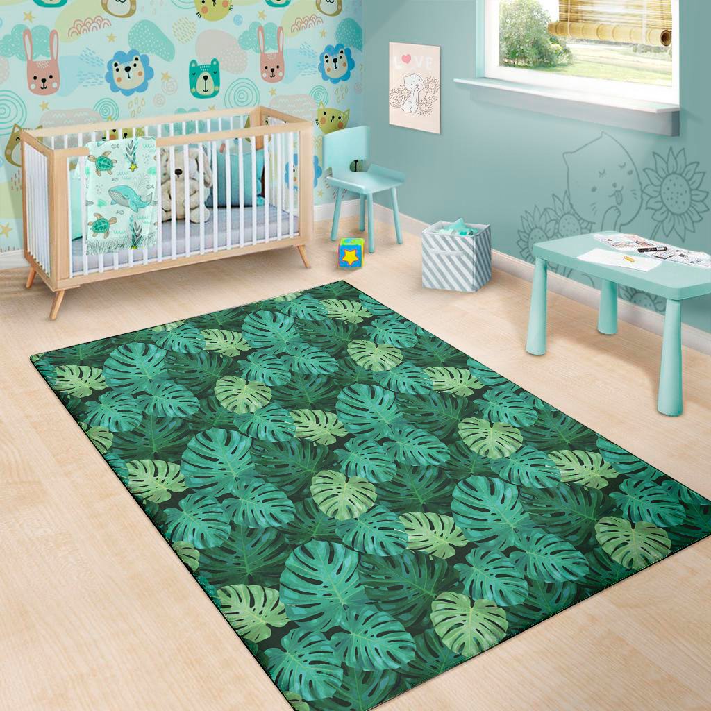 green tropical monstera pattern print area rug floor decor 5993