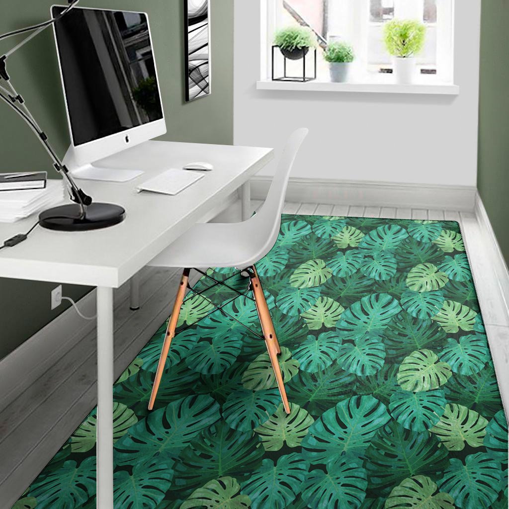 green tropical monstera pattern print area rug floor decor 6146