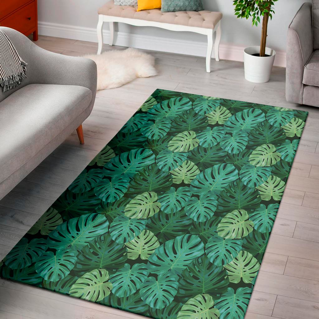 green tropical monstera pattern print area rug floor decor 8540