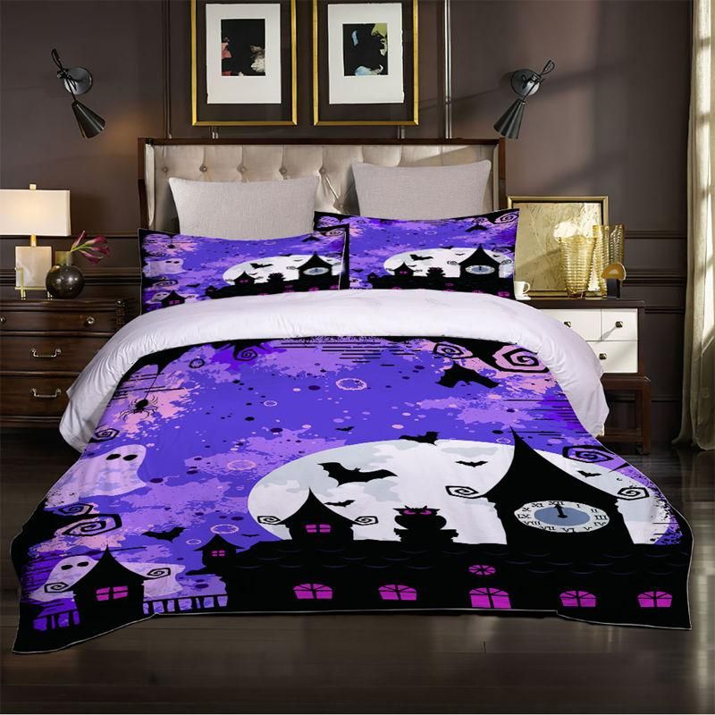 halloween bat and castle full moon duvet cover bedding set bedroom decor 5018