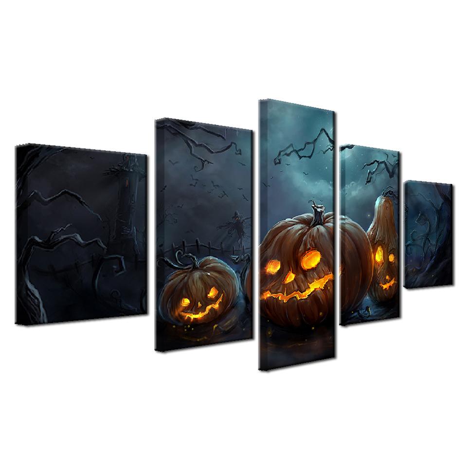 halloween pumpkins lamp abstract 5 panel canvas art wall decor 2849