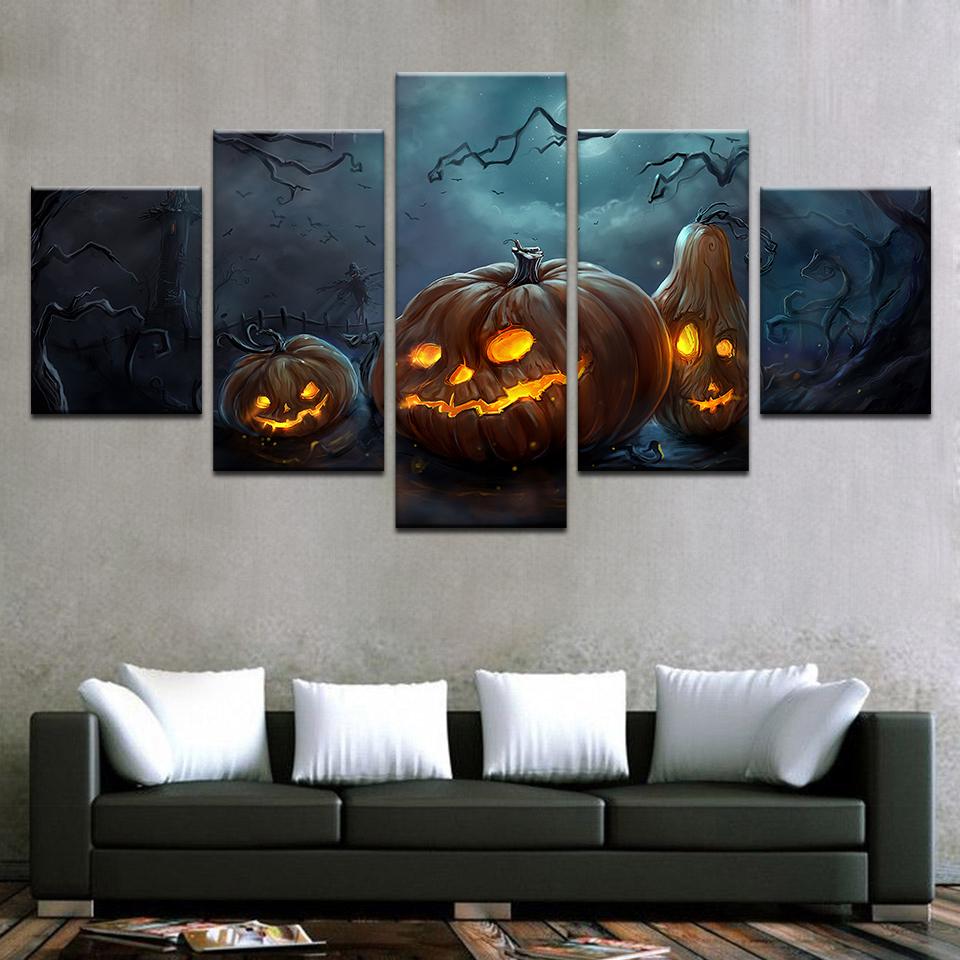 halloween pumpkins lamp abstract 5 panel canvas art wall decor 3871