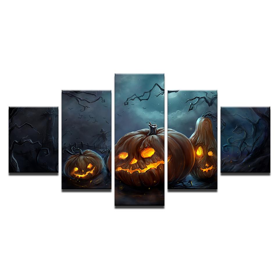 halloween pumpkins lamp abstract 5 panel canvas art wall decor 8895