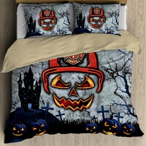 halloween style firefighter skull sculpture duvet cover bedding set bedroom decor 4276
