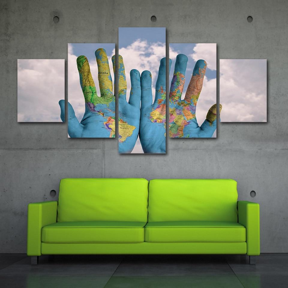 hands world map world map 5 panel canvas art wall decor 2287