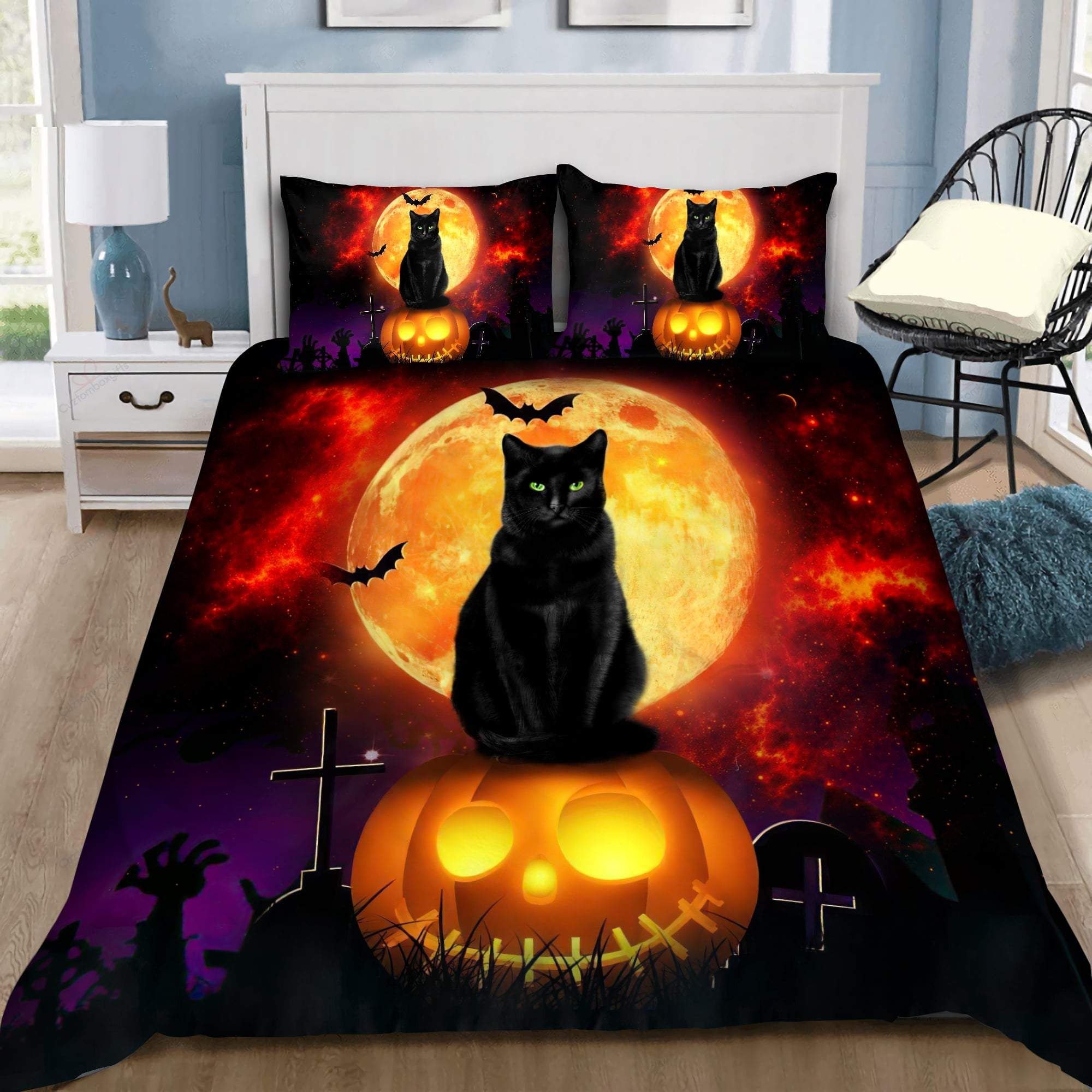 Happy Halloween Black Cat Stand On Pumpkin Theme Duvet Cover Bedding Set Bedroom Decor happy halloween black cat stand on pumpkin theme duvet cover bedding set bedroom decor 3974