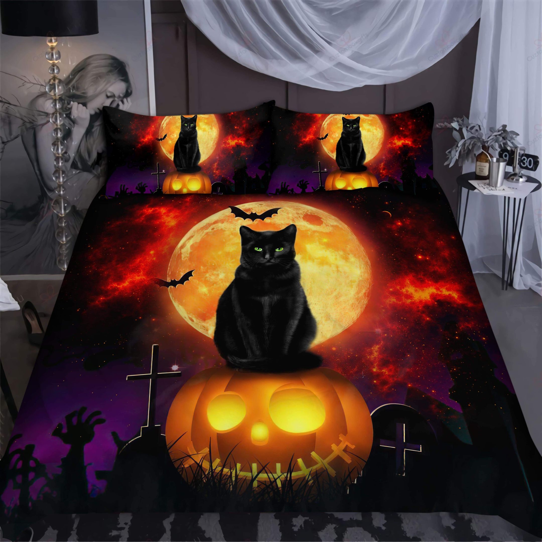 Happy Halloween Black Cat Stand On Pumpkin Theme Duvet Cover Bedding Set Bedroom Decor happy halloween black cat stand on pumpkin theme duvet cover bedding set bedroom decor 7692