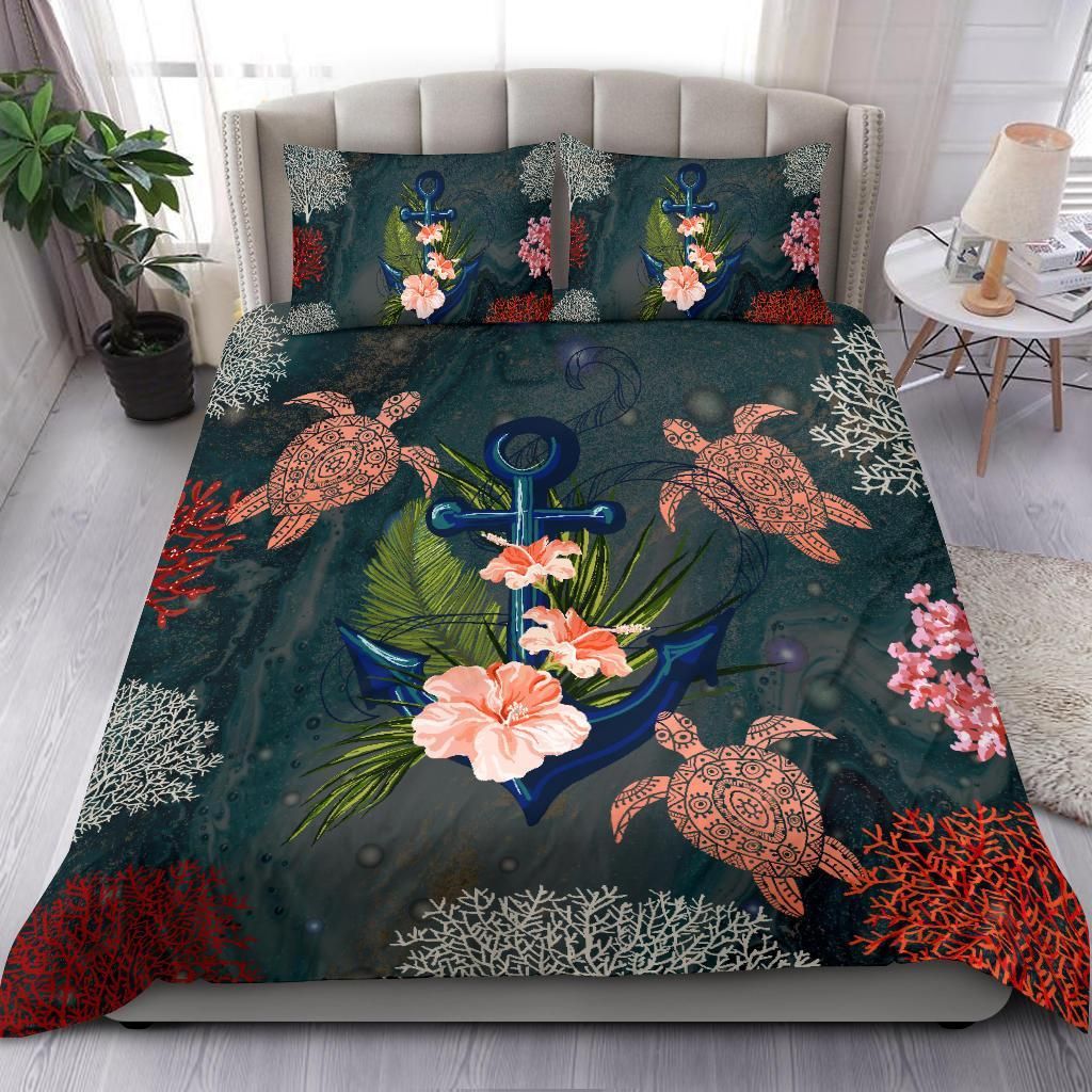 hawaii anchor hibiscus turtle ocean coral duvet cover bedding set 1349