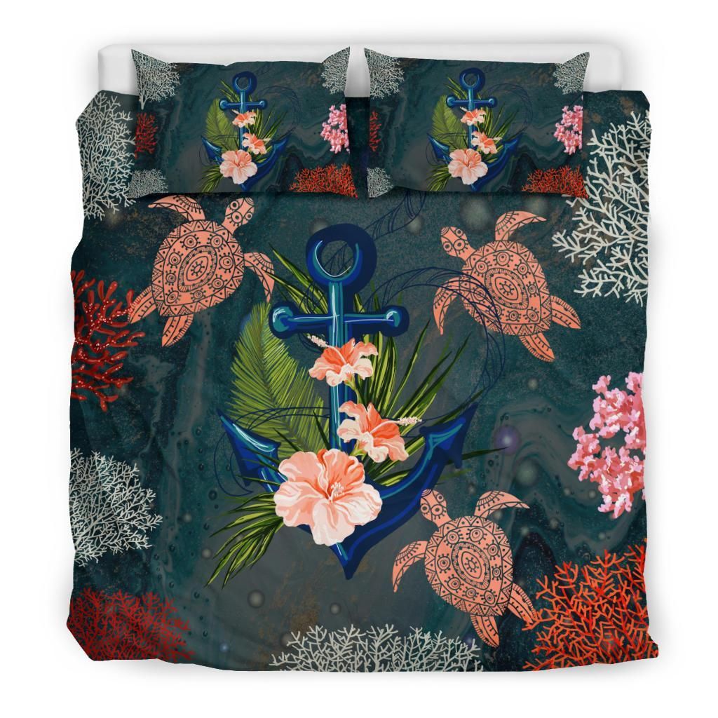 hawaii anchor hibiscus turtle ocean coral duvet cover bedding set 4674