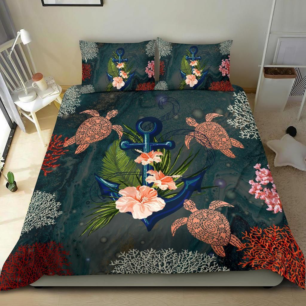 hawaii anchor hibiscus turtle ocean coral duvet cover bedding set 7219