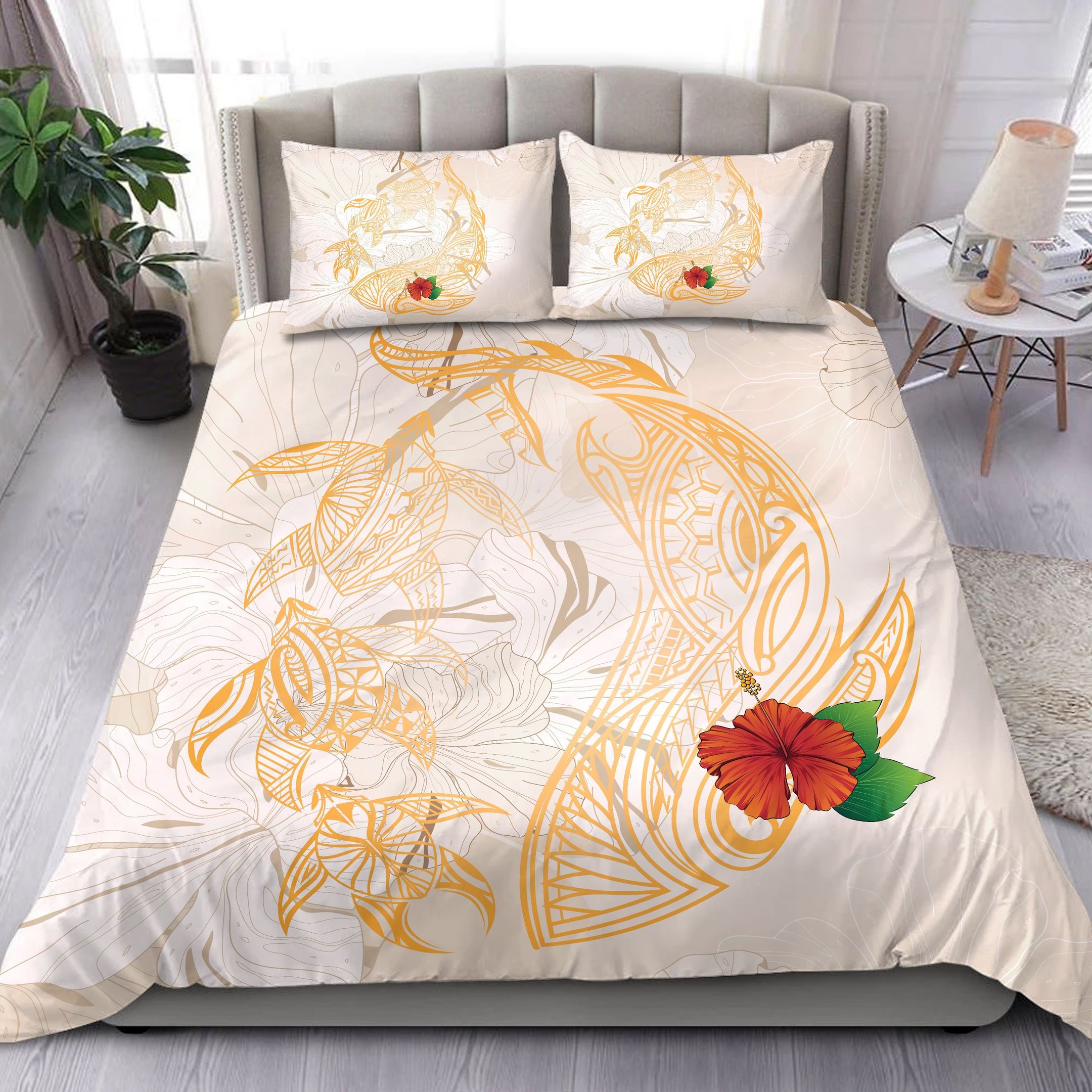hawaii dancing turtles and sharks hibiscus background duvet cover bedding set 1115
