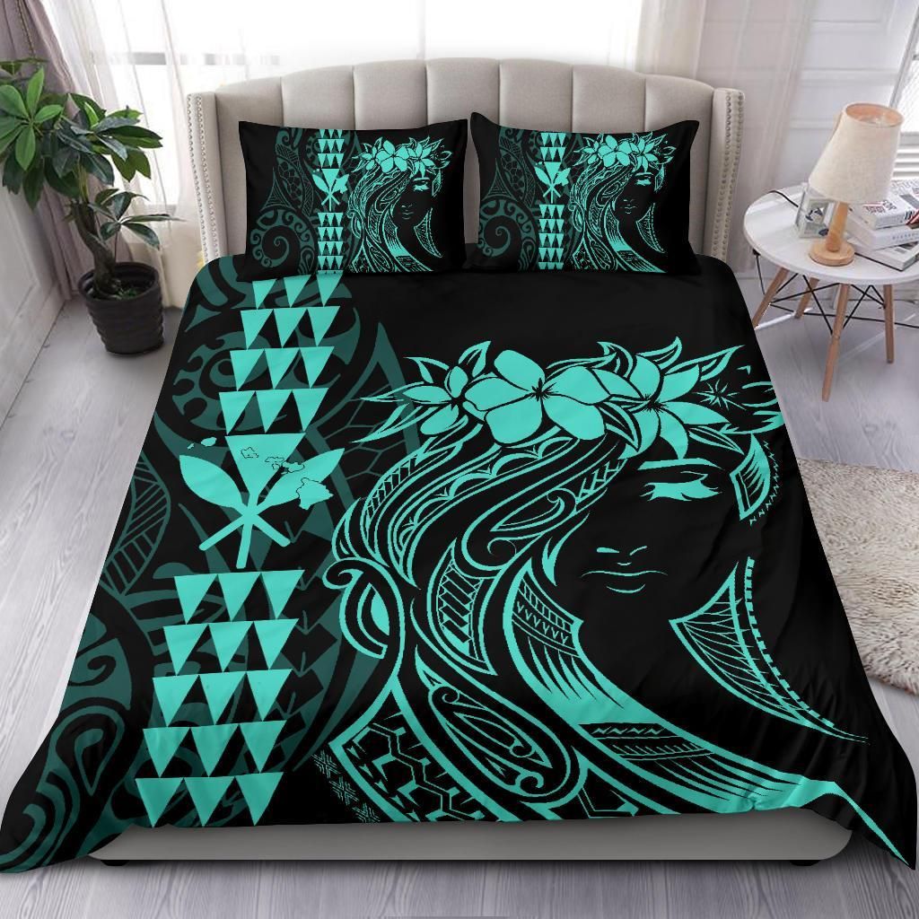 hawaii map kanaka polynesian hula girl turquoise duvet cover bedding set 1479