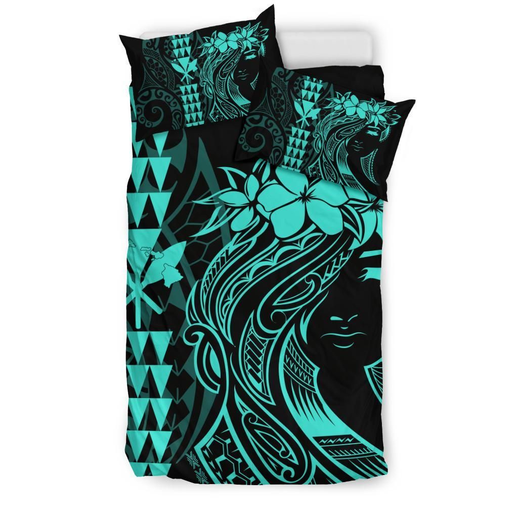 hawaii map kanaka polynesian hula girl turquoise duvet cover bedding set 3627
