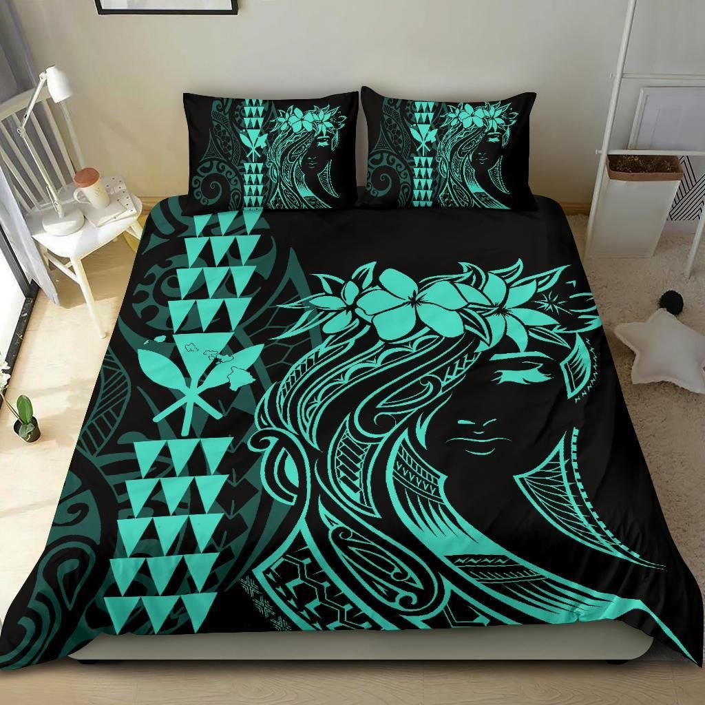 hawaii map kanaka polynesian hula girl turquoise duvet cover bedding set 3759