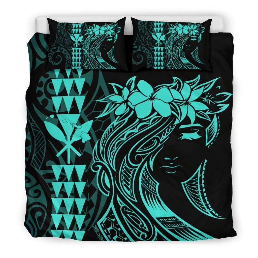 hawaii map kanaka polynesian hula girl turquoise duvet cover bedding set 6046