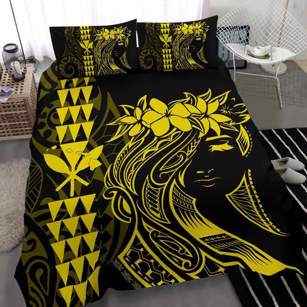 hawaii map kanaka polynesian hula girl yellow duvet cover bedding set 2340