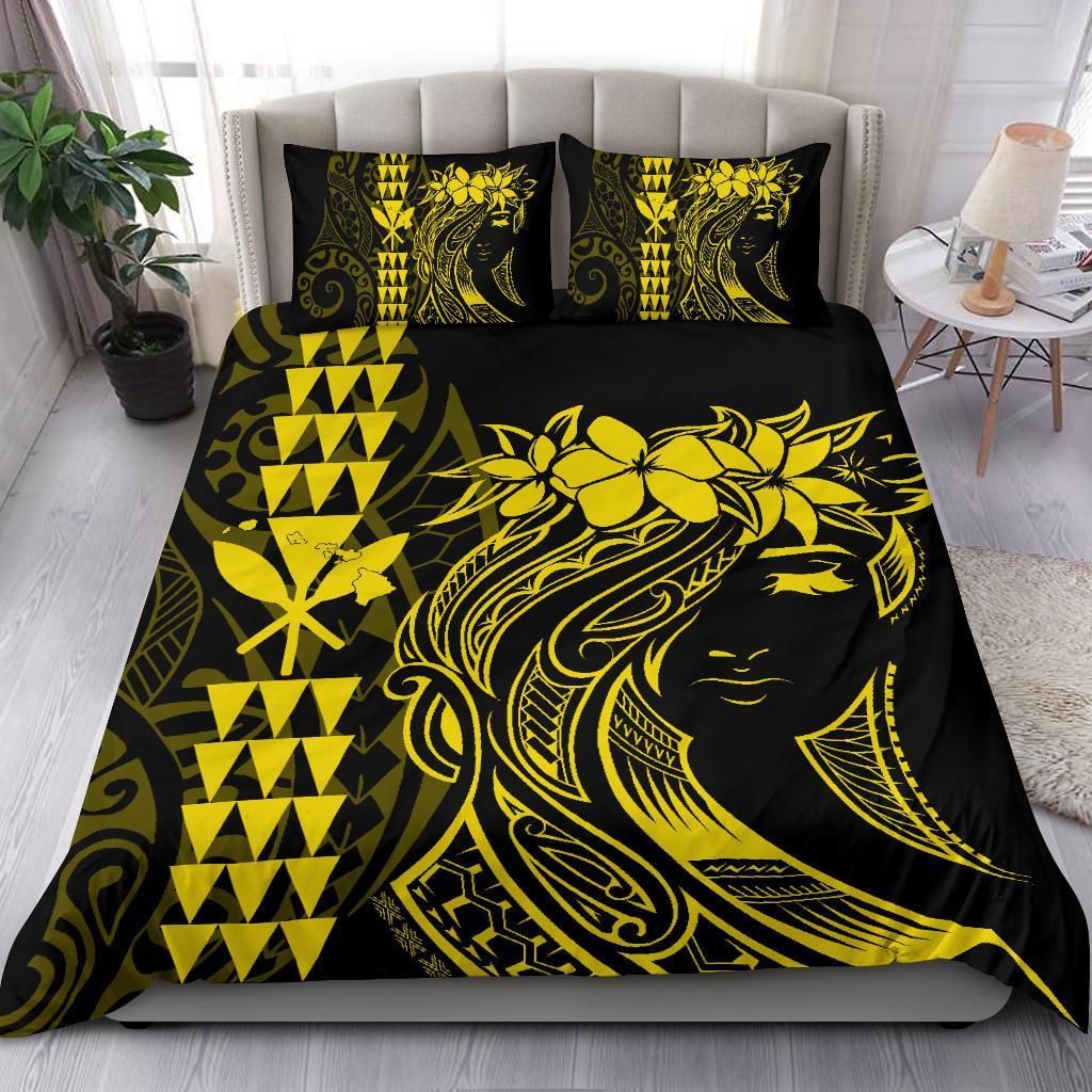 hawaii map kanaka polynesian hula girl yellow duvet cover bedding set 3054