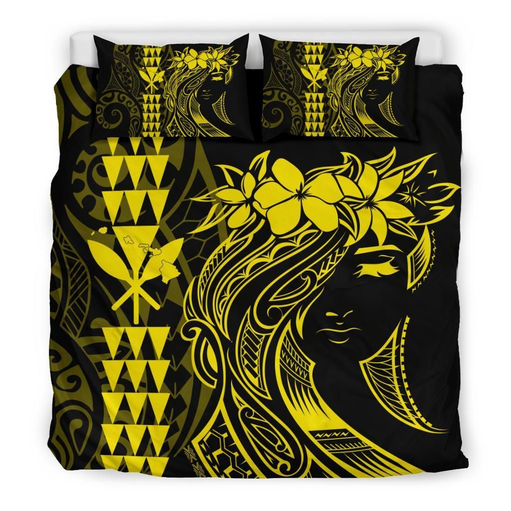 hawaii map kanaka polynesian hula girl yellow duvet cover bedding set 5282