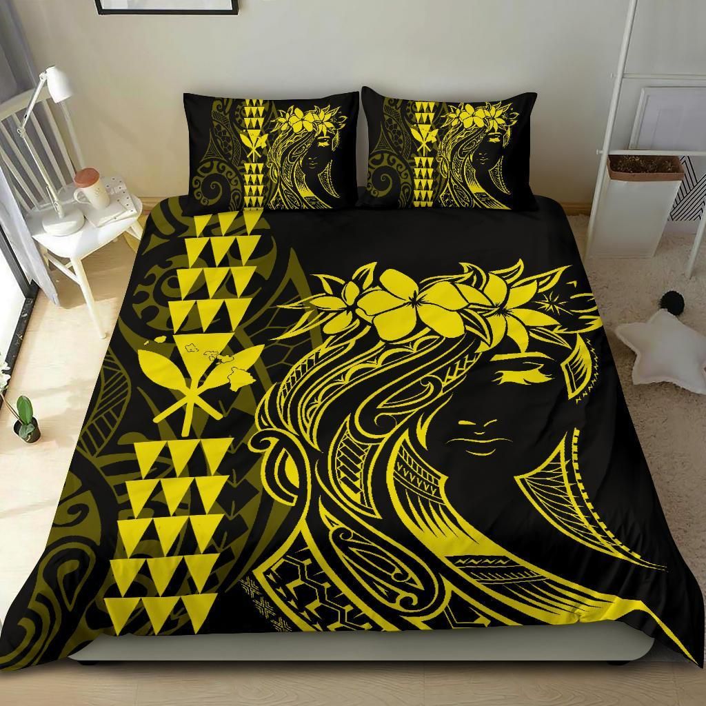 hawaii map kanaka polynesian hula girl yellow duvet cover bedding set 8966