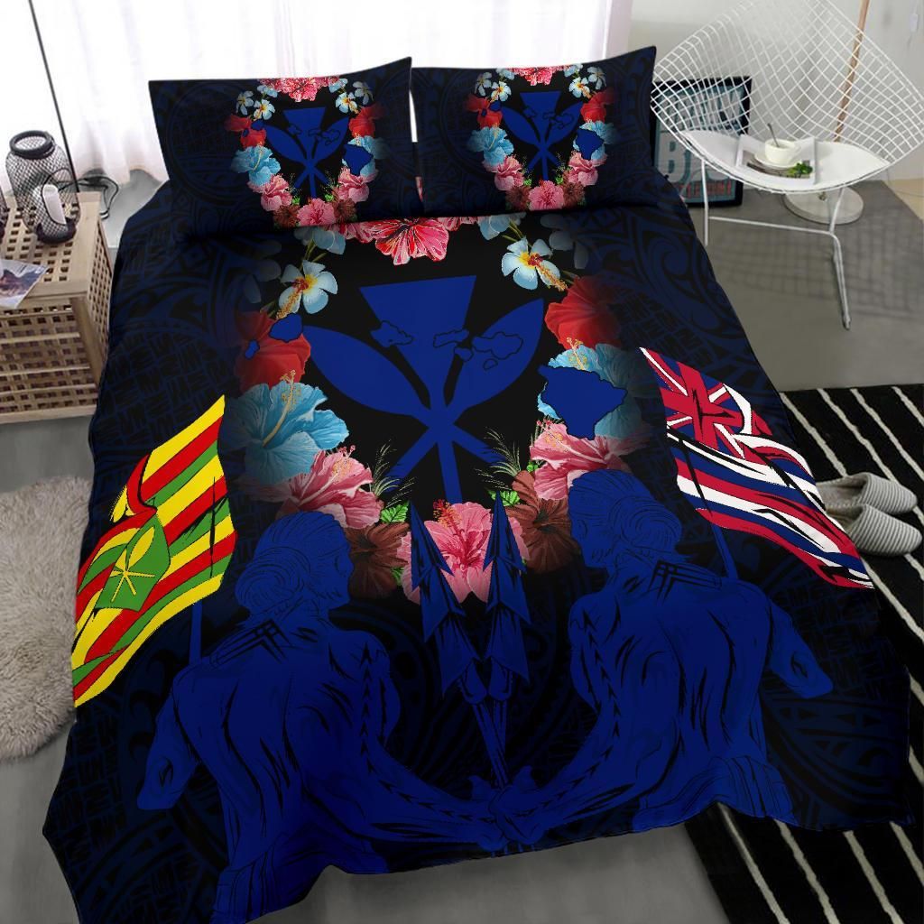 hawaii map kanaka two men holding flag blue duvet cover bedding set 1187