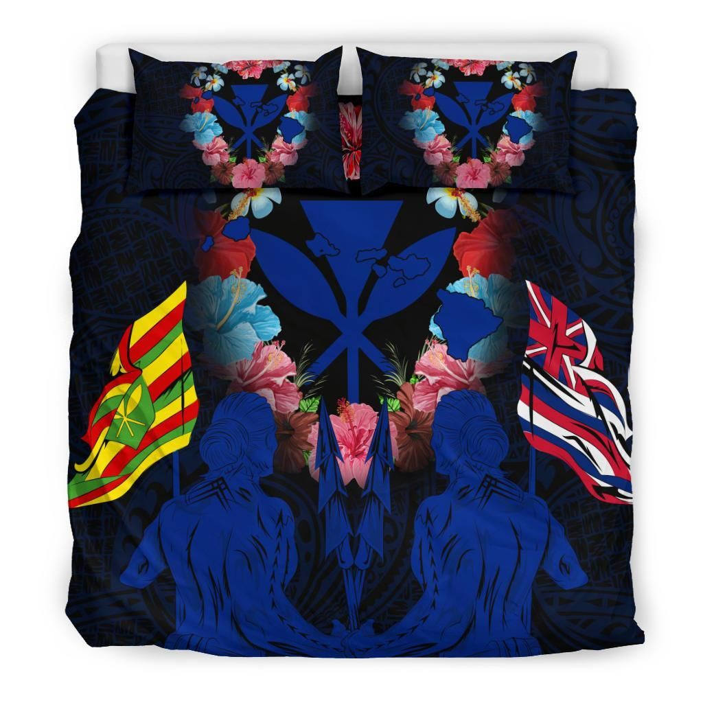 hawaii map kanaka two men holding flag blue duvet cover bedding set 1465