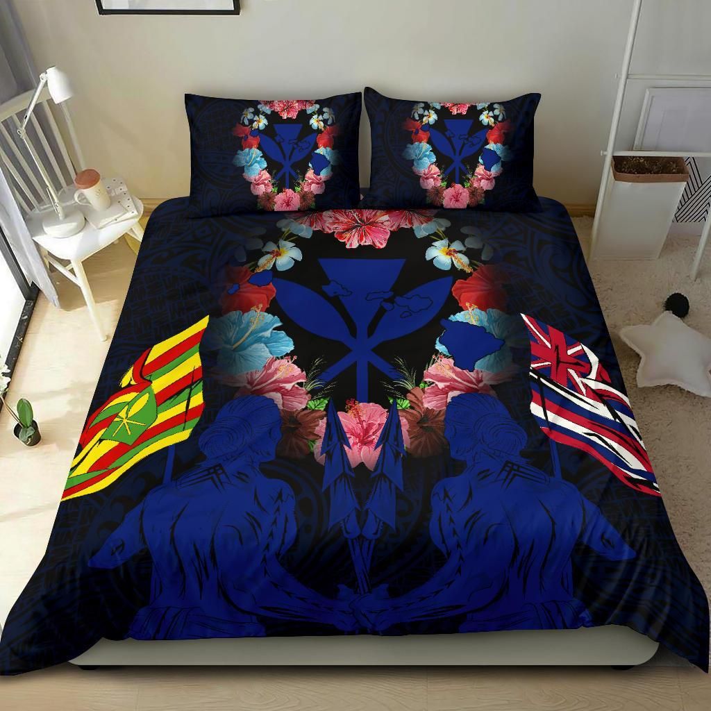 hawaii map kanaka two men holding flag blue duvet cover bedding set 1755