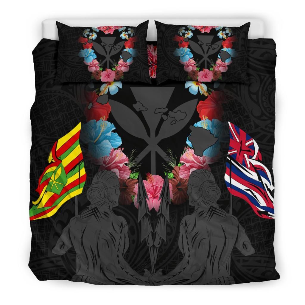 hawaii map kanaka two men holding flag grey duvet cover bedding set 2890