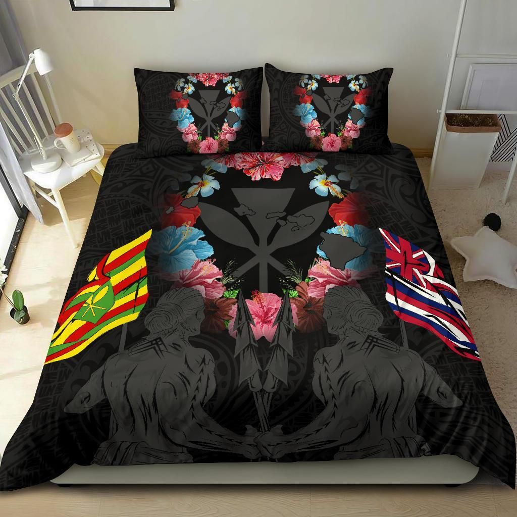 hawaii map kanaka two men holding flag grey duvet cover bedding set 7632