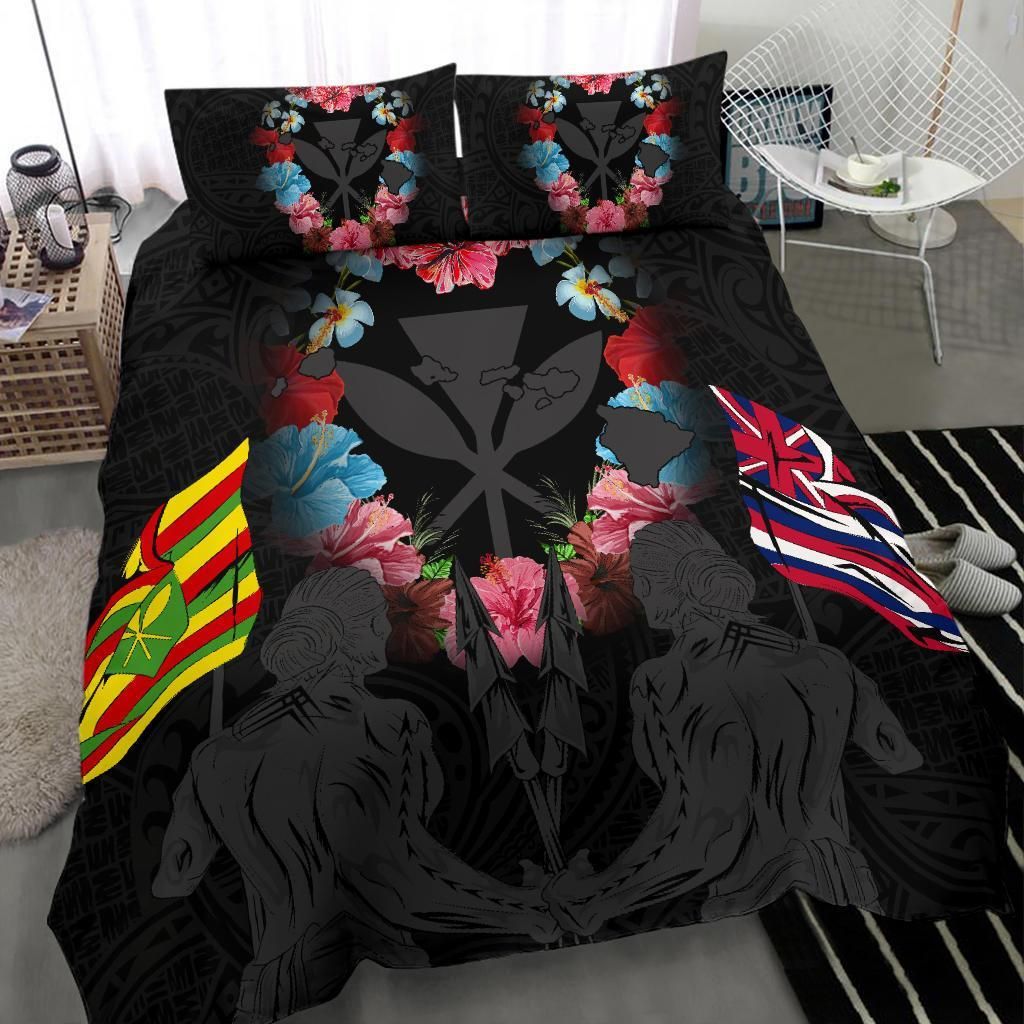 hawaii map kanaka two men holding flag grey duvet cover bedding set 8598