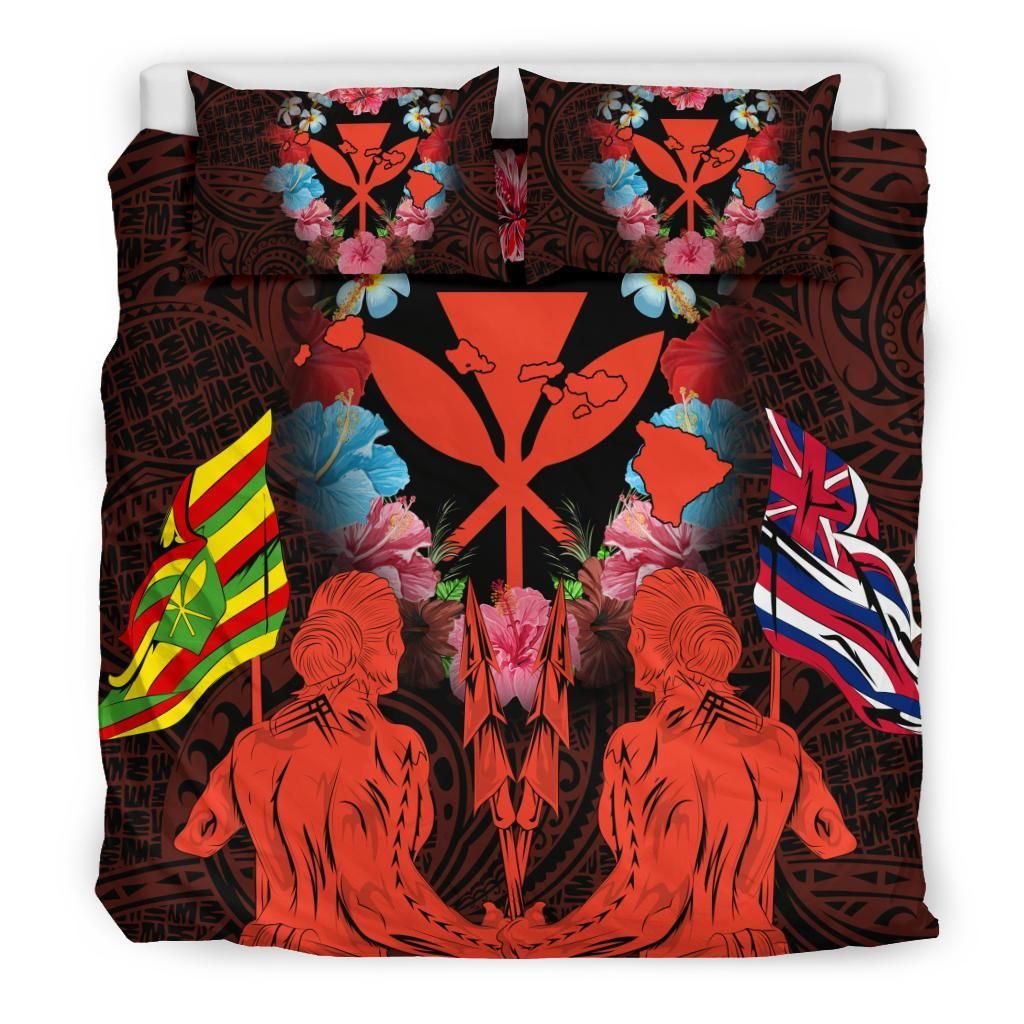 hawaii map kanaka two men holding flag orange duvet cover bedding set 1360