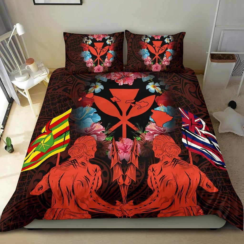 hawaii map kanaka two men holding flag orange duvet cover bedding set 3179