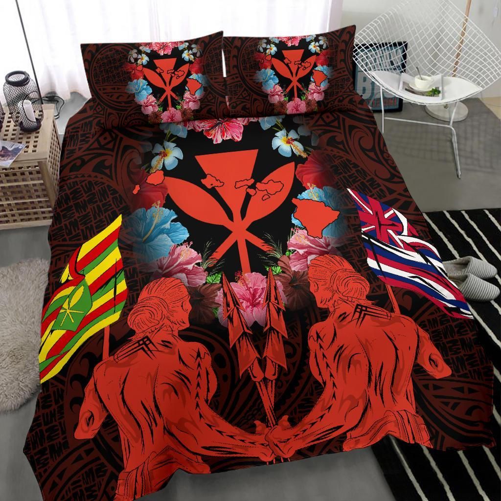 hawaii map kanaka two men holding flag orange duvet cover bedding set 3204