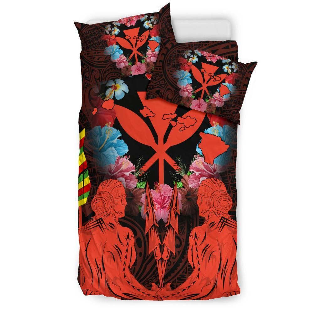 hawaii map kanaka two men holding flag orange duvet cover bedding set 3908