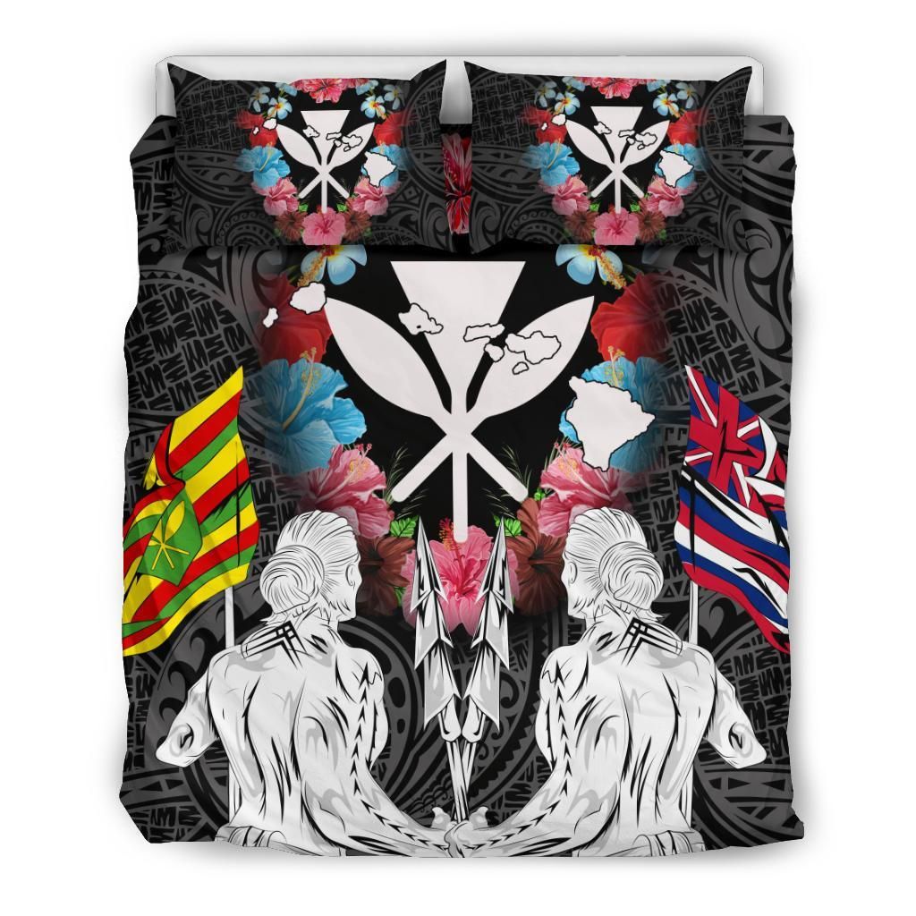 hawaii map kanaka two men holding flag white duvet cover bedding set 1426