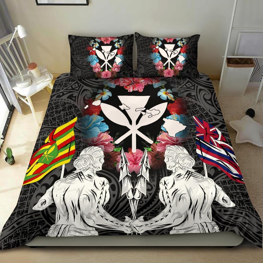 hawaii map kanaka two men holding flag white duvet cover bedding set 3720